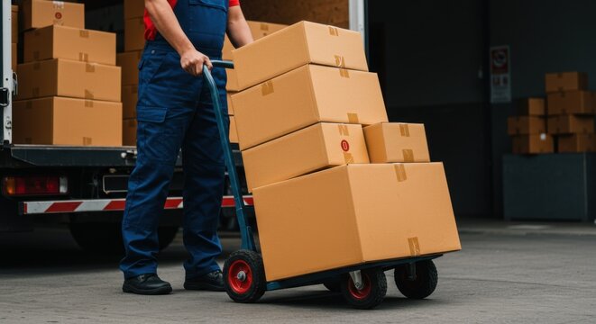 Delivery Man Uses Hand Truck Trolley Full of Cardboard Boxes and Packages, Loads Parcels into Truck / Van. Professional Courier / Loader helping you Move, Delivering Your Purchased Items Efficiently