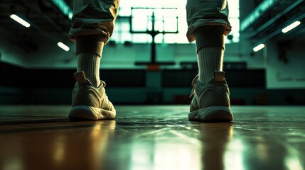 Basketball Player Standing on Court Ready for Action in Gymnasium