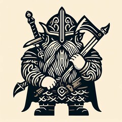 Digital drawing of a Viking warrior with sword and axe, bold monochromatic style