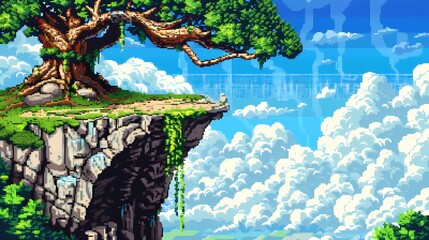 Arbre pixel art sur falaise flottante, cascades nuageuses, ciel bleu, design r&eacute;tro pour jeu vid&eacute;o ou illustration fantastique et a&eacute;rienne