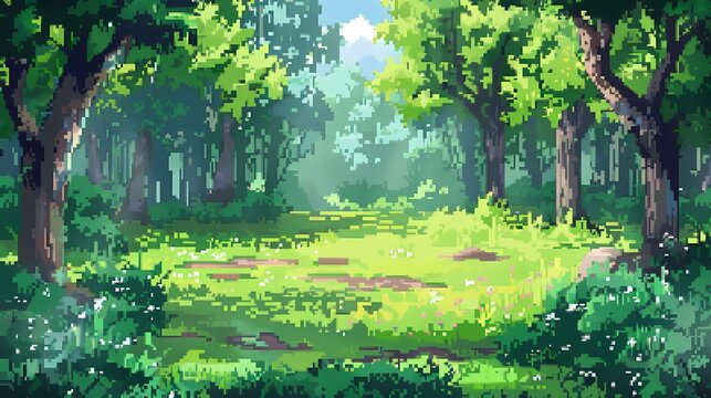 Clairi&egrave;re pixel art en for&ecirc;t verdoyante, lumi&egrave;re du soleil filtrant, ambiance paisible, design r&eacute;tro pour jeu vid&eacute;o ou illustration nature