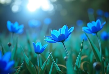 Sunny Botanical garden with fresh green grass during macro photography