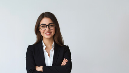 Fototapeta premium Porträt einer lächelnden jungen Geschäftsfrau mit Brille und blondem Haar im dunkelblauen Blazer vor hellem Büro-Hintergrund