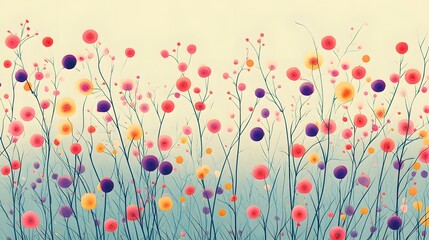 Abstract Geometric Seamless Pattern with Vibrant Stylized Grass, Blossoming Flowers