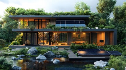 Futuristic Eco-Friendly Modern House with Advanced Solar Panels Embracing Renewable Energy in a Lush Vibrant Garden Landscape