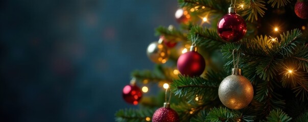 Fototapeta premium Christmas tree with ornaments and twinkling lights, snowy, illuminated, decorations