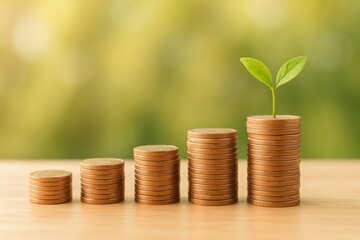 Growth Represented by Coins and a Plant in a Financial Environment Focused on Wealth Accumulation