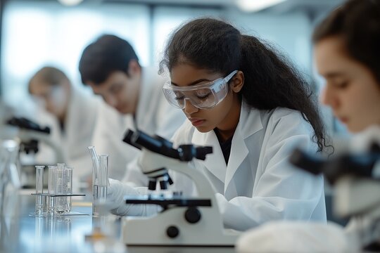 College science laboratory with students conducting experiments and a guiding professor