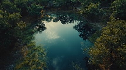 Scenic Summer Pond at Sunset: Tranquil Aerial View of Serene Nature Reserve Landscape with Colorful Reflection and Greenery