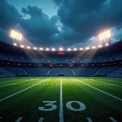 Darkened American Football field at dusk with stadium lights on, stadium, night