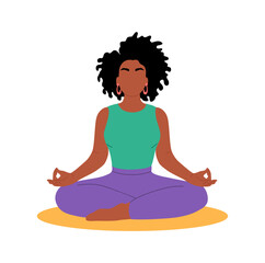 Young woman with afro hair sitting in lotus position practicing yoga vector flat illustration. Happy female with crossed legs meditating on mat isolated on white. Relaxed person enjoying leisure