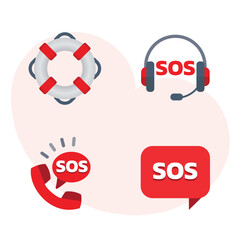 SOS icon set with various action in red and grey cartoon style. Flat vector illustration isolated on white background.