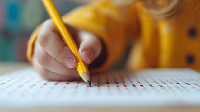 Hand Filling Out Test Form with Yellow Pencil Close Up