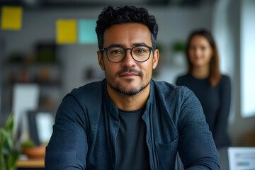 Obraz premium Confident young man with glasses smiling in modern office with blurred woman in background, concept of leadership and teamwork