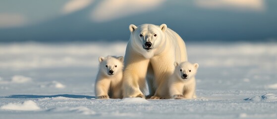 Polar Bear Family Crossing Arctic Tundra – Majestic Wildlife Scene