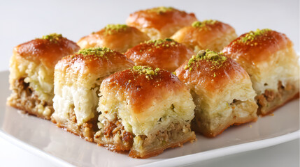 Collection of traditional Middle Eastern and Turkish baklava desserts in various shapes and colors, beautifully arranged on plates and trays, perfect for food and culture themes