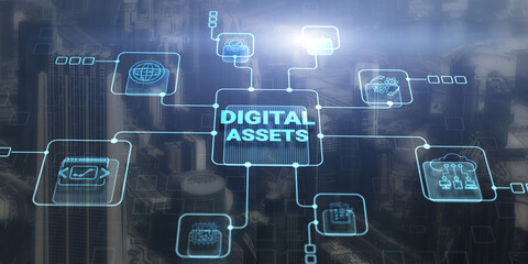 Digital Assets Business Management System Concept on modern city background