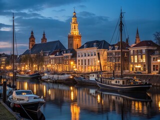Obraz premium Kampen Netherlands Night Scenic Harbor Lightscape Photography