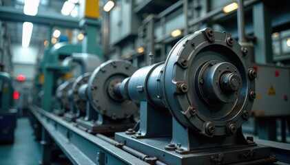 Industrial machinery and equipment set against a shiny metal surface , manufacturing, machinery parts