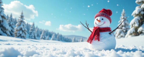 Obraz premium Joyful snowman standing in a serene winter landscape with a vast expanse of white snow and blue sky, peaceful, calm , snowy