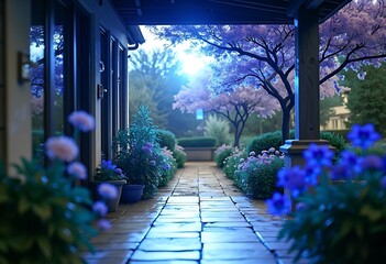Tranquil Patio with blooming flowers during warm light