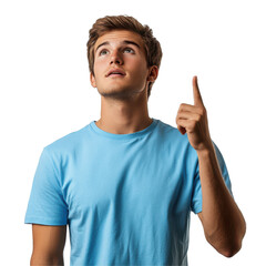 Young man in blue shirt looking up pointing finger idea isolated on transparent background