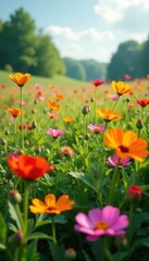 Overgrown flower field with blooming wildflowers , field, meadow
