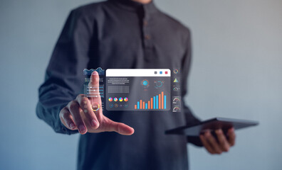 Concept digital transformation technology strategy, Analyst working with Business, metrics connected to database Corporate.