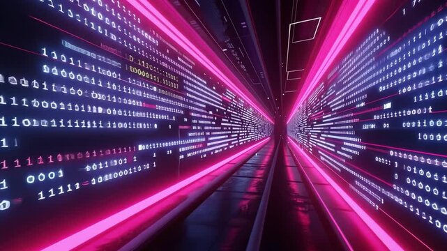 Futuristic Digital Tunnel of Vibrant Pink and Blue Glowing Binary Code Mesmerizing Experience of Technology and Innovation