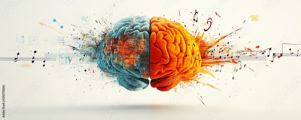 Poster a captivating split brain artwork, left side with alphabetic and numerical patterns, right side burs