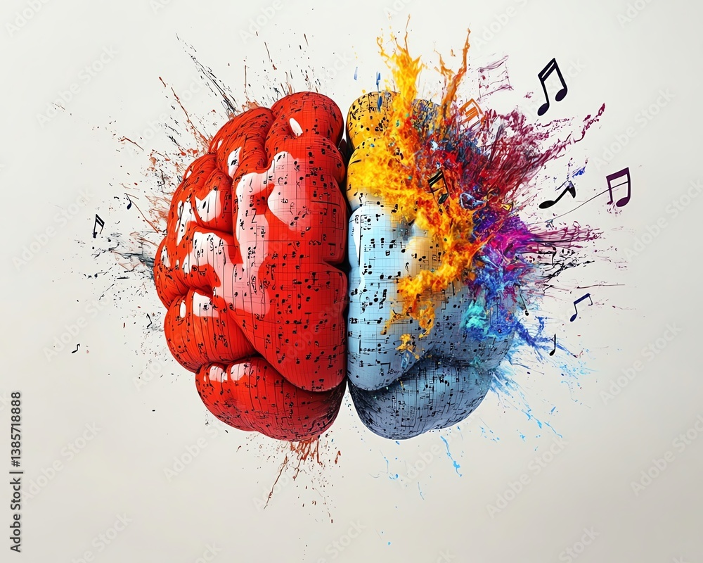Aufkleber a colorful split brain illustration, left side with numbers and letters, right side exploding with m
