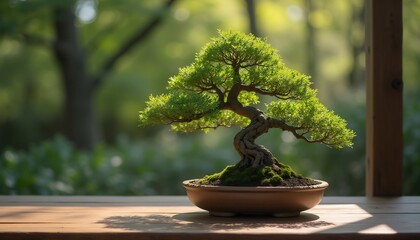 Serene Bonsai Tree On Wooden Table With Lush Greenery Background In Soft Light
