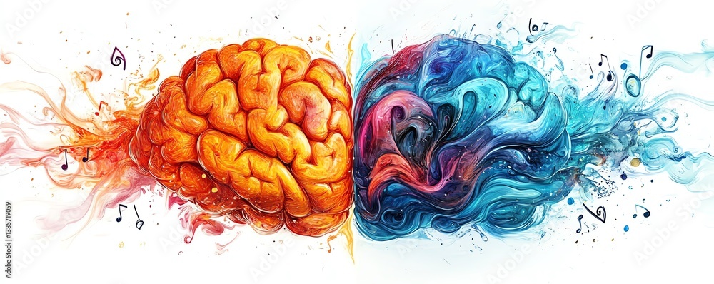 Aufkleber a dynamic and colorful split brain artwork, left side with detailed numbers and letters, right side 