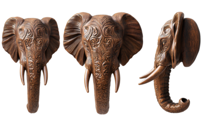 Three views of a wooden carved elephant head: front view with transparent background