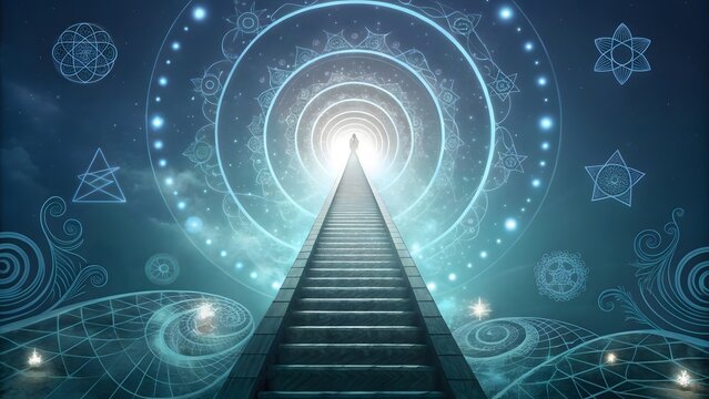 A glowing infinite staircase spiraling upward into the sky surrounded by spiritual symbols and swirling ethereal energy symbolizing the cyclical journey of the soul and the recurring experience of dej