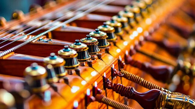 Close-up view of traditional string instrument showcasing intricate craftsmanship and tuning pegs