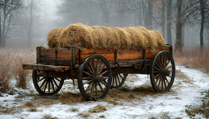 Hay Wagon in Winter Forest Scene Rustic Charm and Serenity