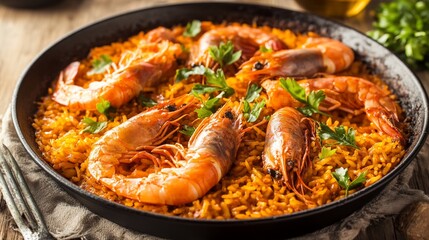 Saffron-infused rice dish with succulent shrimp