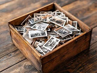 Wooden box filled with vintage postcards, sepiatoned, romantic and nostalgic setting