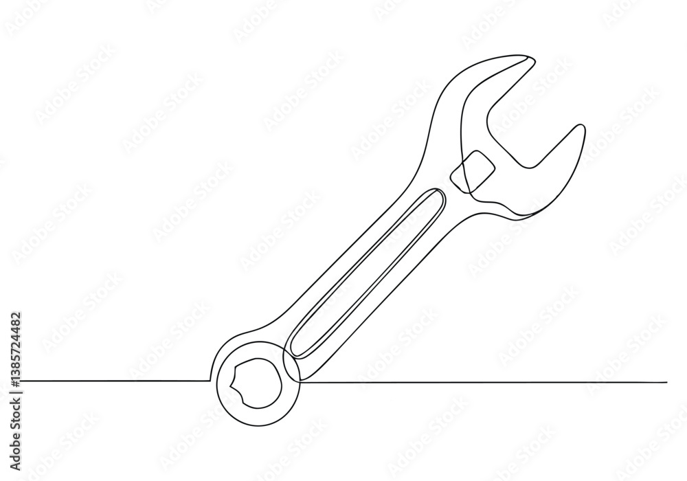 Poster minimalist continuous line drawing of a classic open-ended wrench with curved shape and functional g
