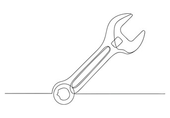 Minimalist continuous line drawing of a classic open-ended wrench with curved shape and functional grip design


