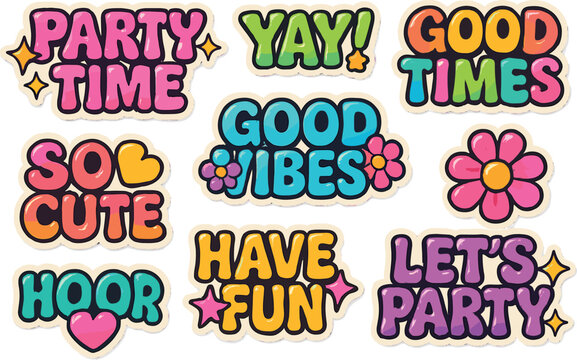 Y2k themed festive stickers with vibrant text and icons for fun celebrations