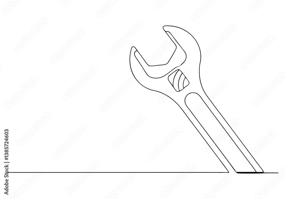 Poster minimalist continuous line drawing of a classic open-ended wrench with curved shape and functional g