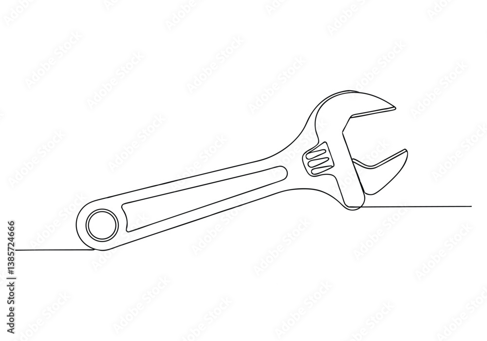Poster minimalist continuous line drawing of a classic open-ended wrench with curved shape and functional g
