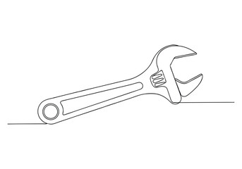 Minimalist continuous line drawing of a classic open-ended wrench with curved shape and functional grip design

