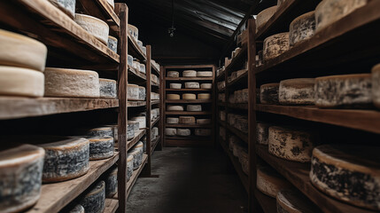 A traditional cheese aging room filled with rows of large cheese wheels maturing on wooden shelves. The space is cool and dimly lit, emphasizing the artisanal process of cheese aff