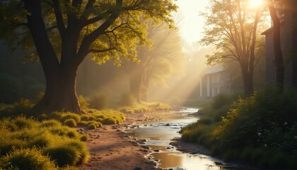 Scenic River Flowing Through Sunlit Forest Landscape During Golden Hour With Foggy Atmosphere