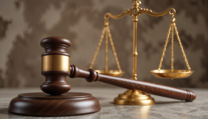 Close-up of a wooden judge gavel with golden scales of justice in the background