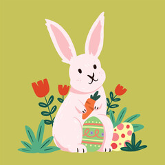 happy easter poster and card design. bunny and eggs hand drawing style. 