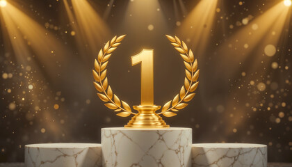 Golden First Place Podium with the number one and a laurel wreath on a marble stand